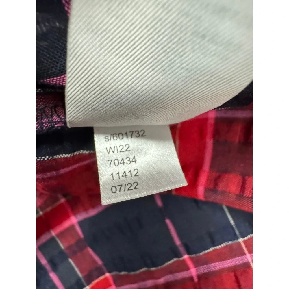 LOFT Plaid Puff Sleeve V-Neck Blouse Red Navy Blue‎ Medium Textured Preppy Top